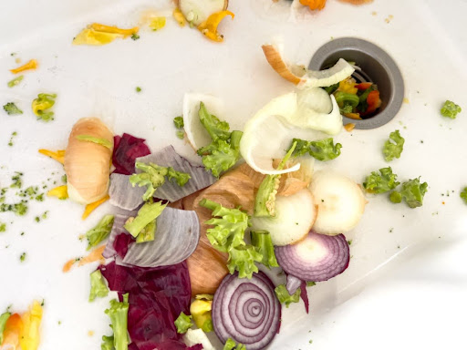 Food in kitchen sink going down garbage disposal.